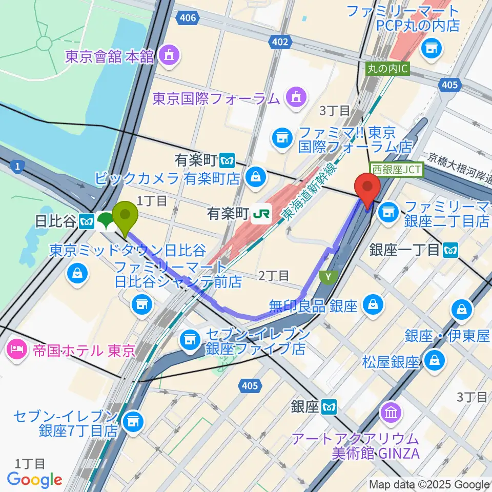 日比谷駅から銀座Swingへのルートマップ地図