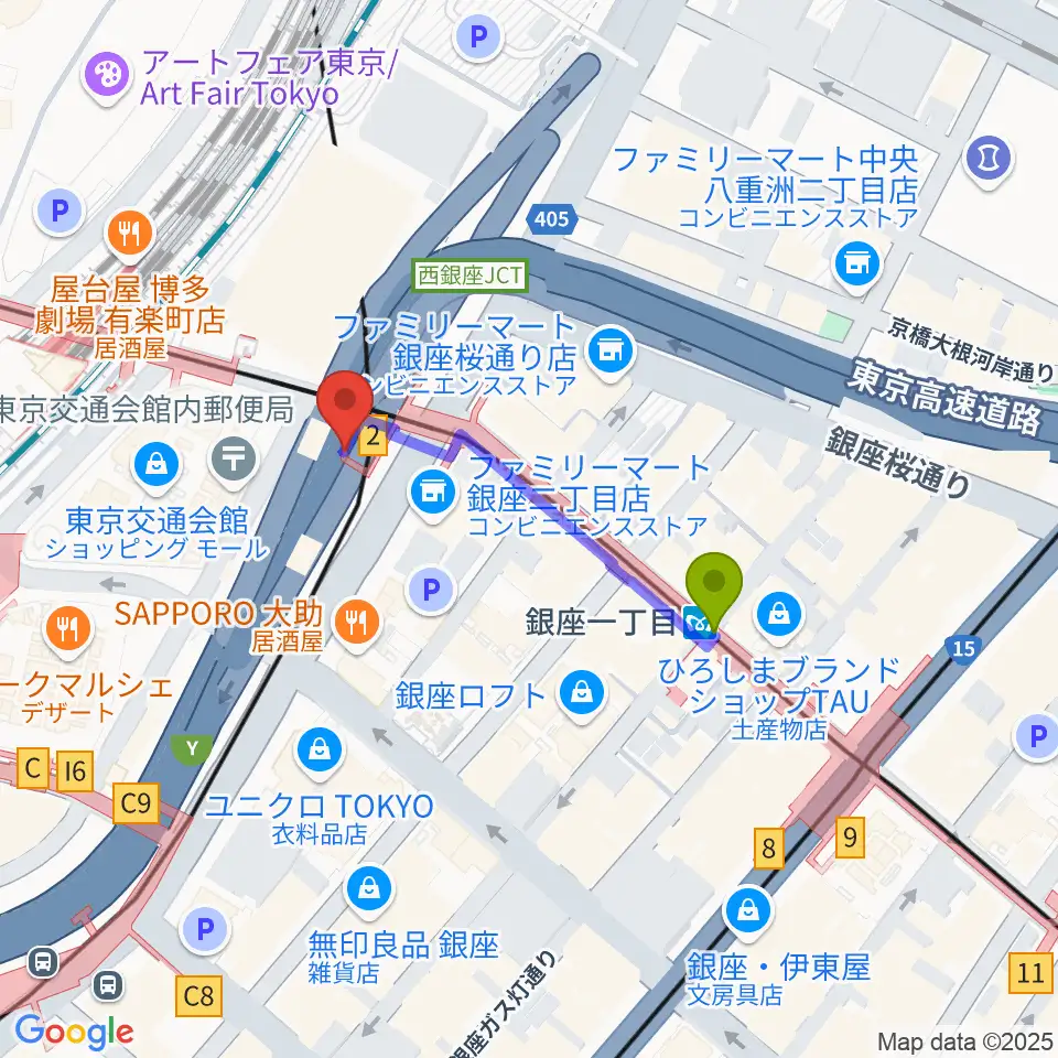 銀座一丁目駅から銀座Swingへのルートマップ地図