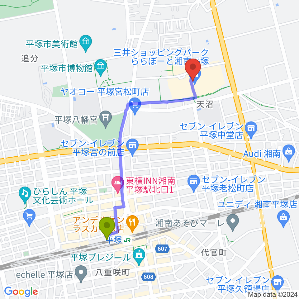島村楽器 ららぽーと湘南平塚店の最寄駅平塚駅からの徒歩ルート（約19分）地図
