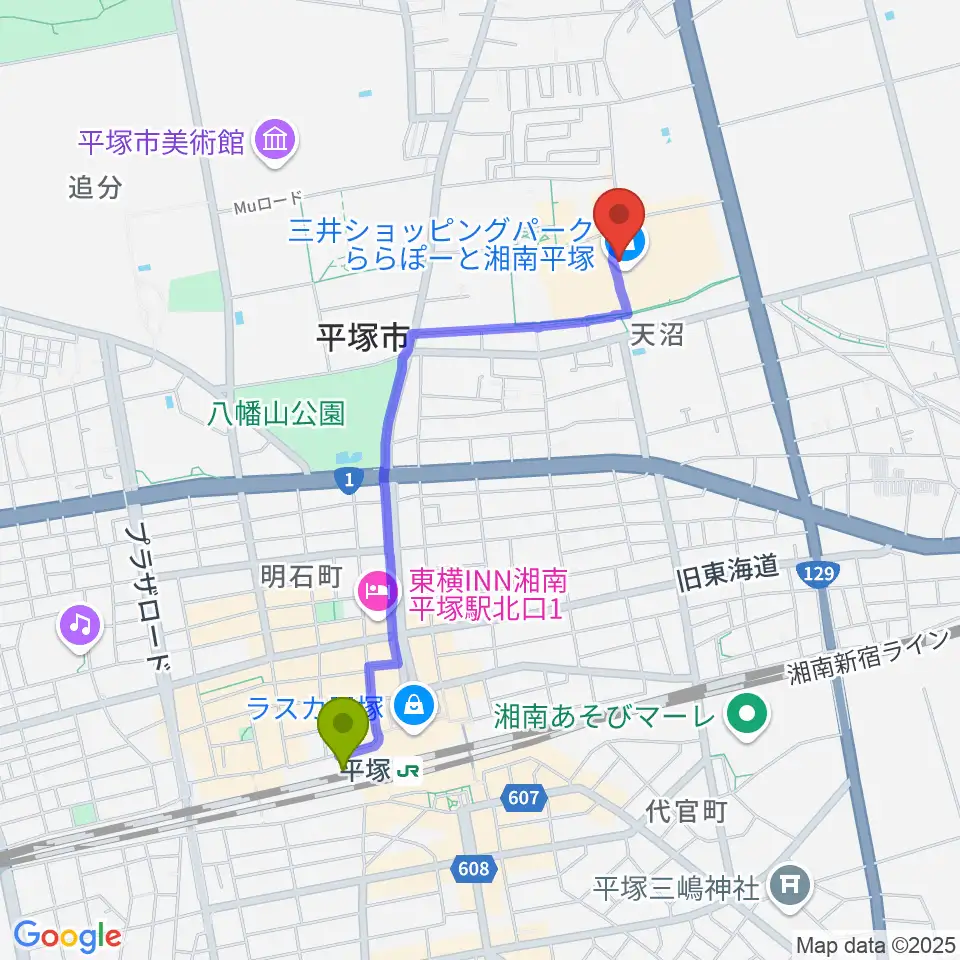 島村楽器 ららぽーと湘南平塚店の最寄駅平塚駅からの徒歩ルート（約19分）地図