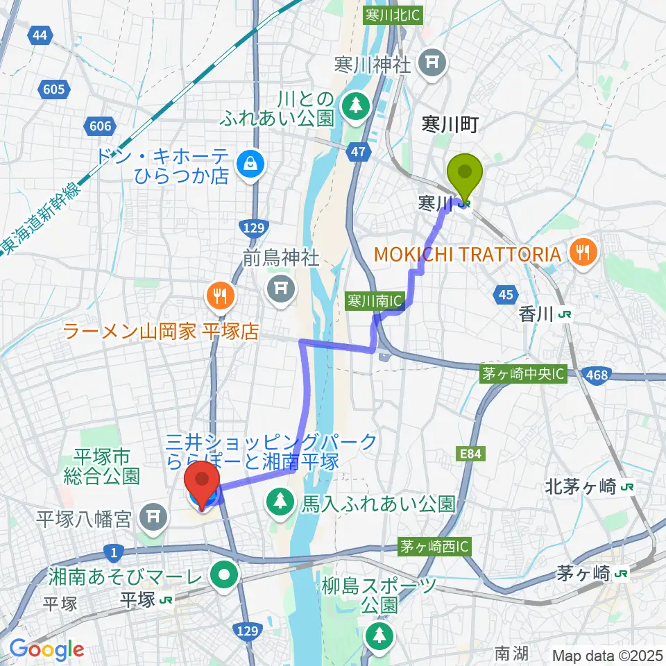 寒川駅から島村楽器 ららぽーと湘南平塚店へのルートマップ地図