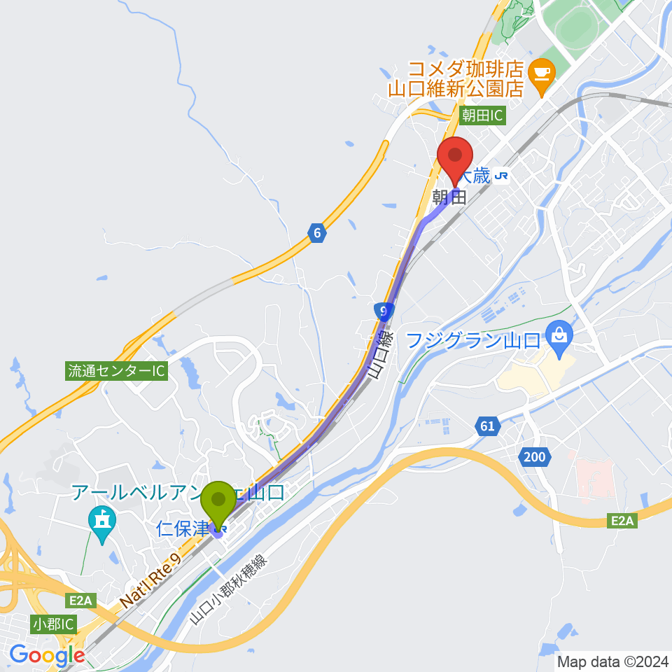 仁保津駅から下関十字堂楽器店 ウインドぷらすへのルートマップ地図