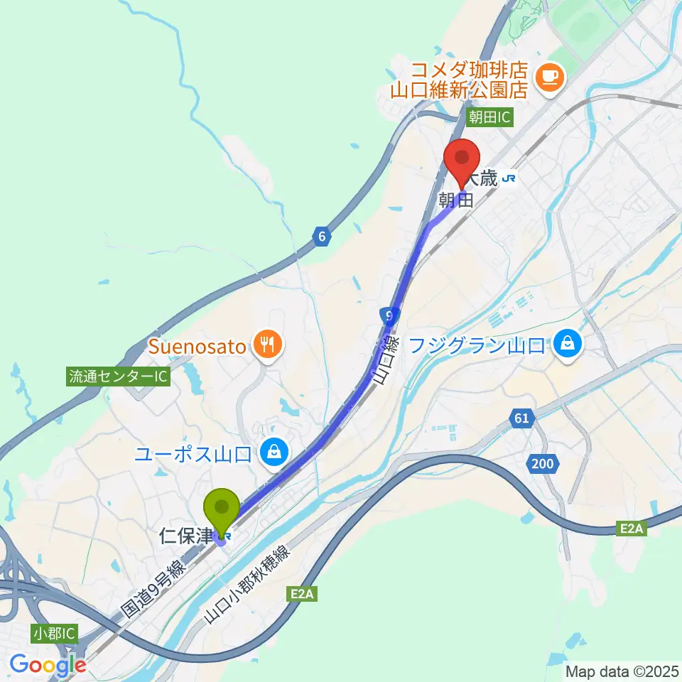 仁保津駅から下関十字堂楽器店 ウインドぷらすへのルートマップ地図