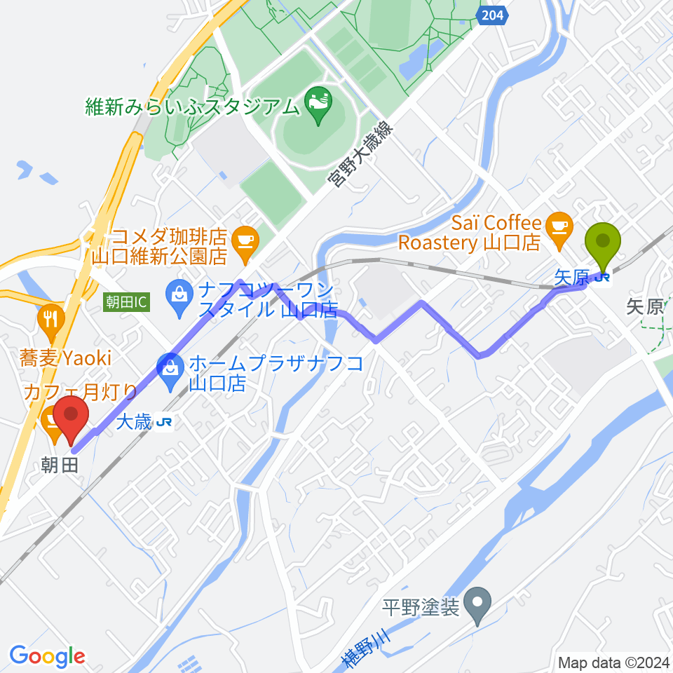 矢原駅から下関十字堂楽器店 ウインドぷらすへのルートマップ地図