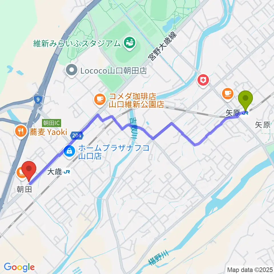 矢原駅から下関十字堂楽器店 ウインドぷらすへのルートマップ地図