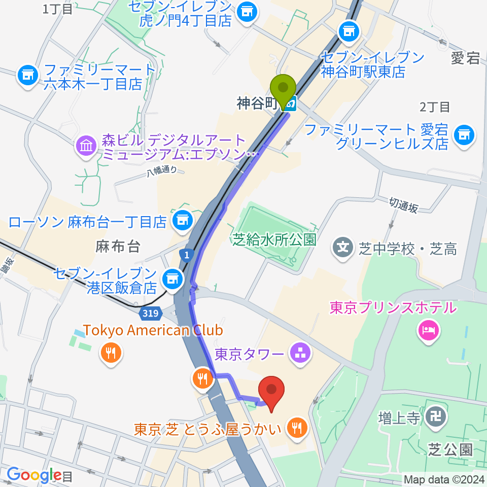 神谷町駅からスターライズタワーへのルートマップ Mdata