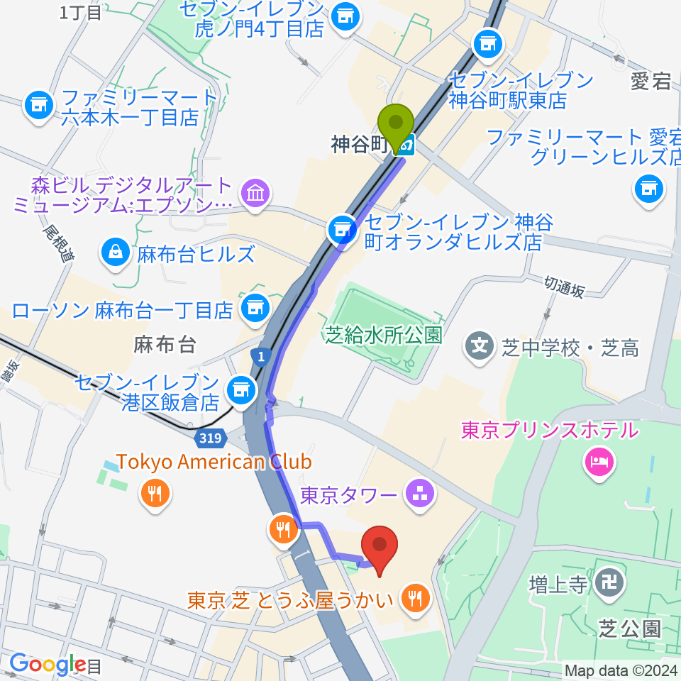 神谷町駅からスターライズタワーへのルートマップ地図