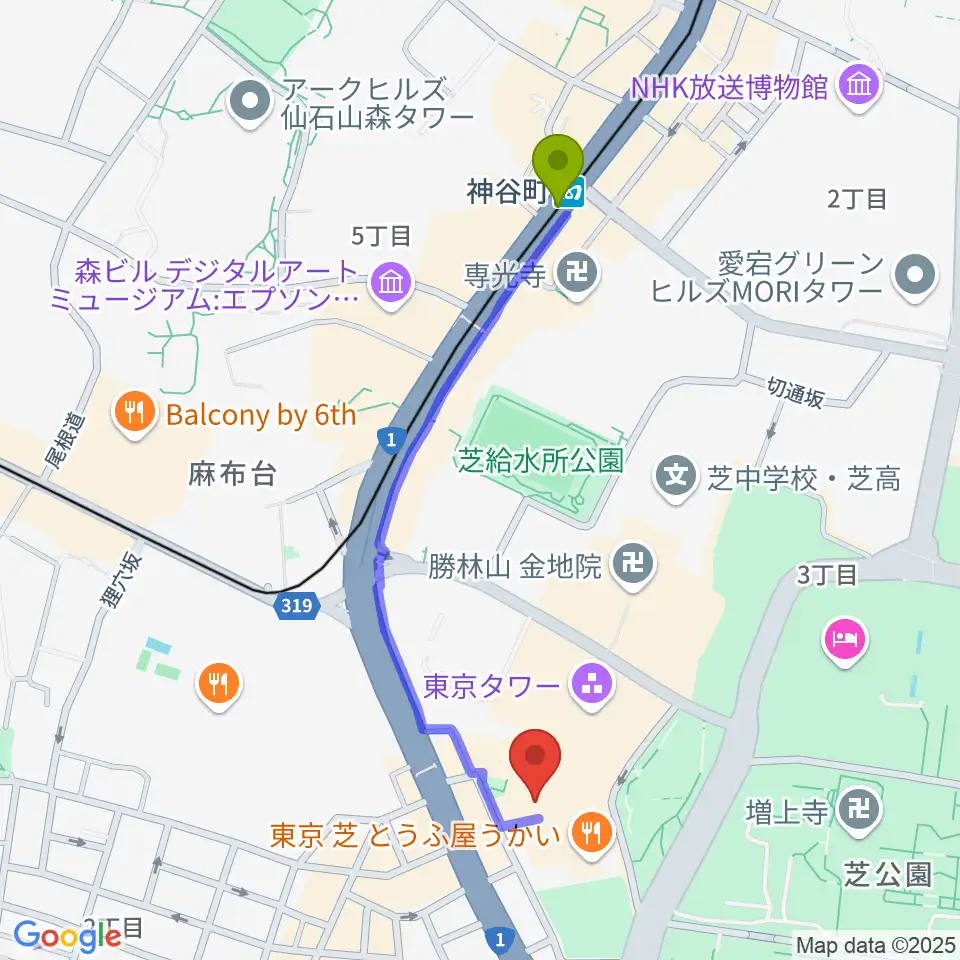 神谷町駅からスターライズタワーへのルートマップ地図