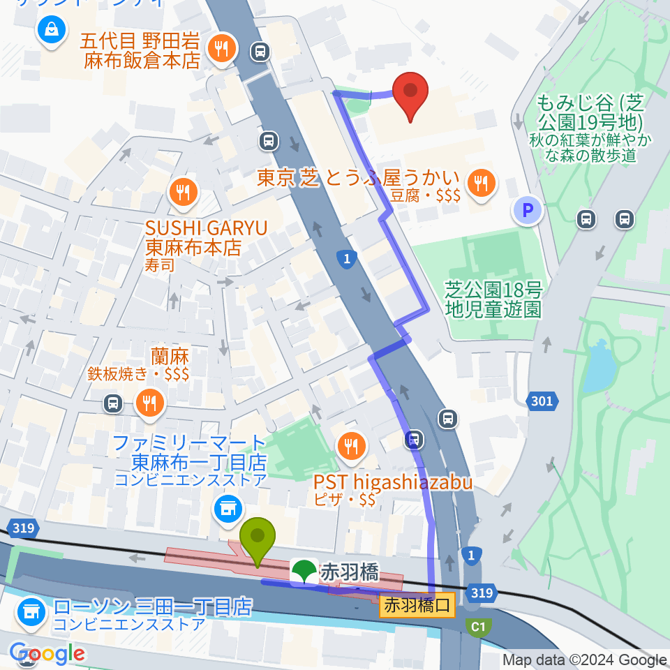 スターライズタワーの最寄駅赤羽橋駅からの徒歩ルート（約5分）地図