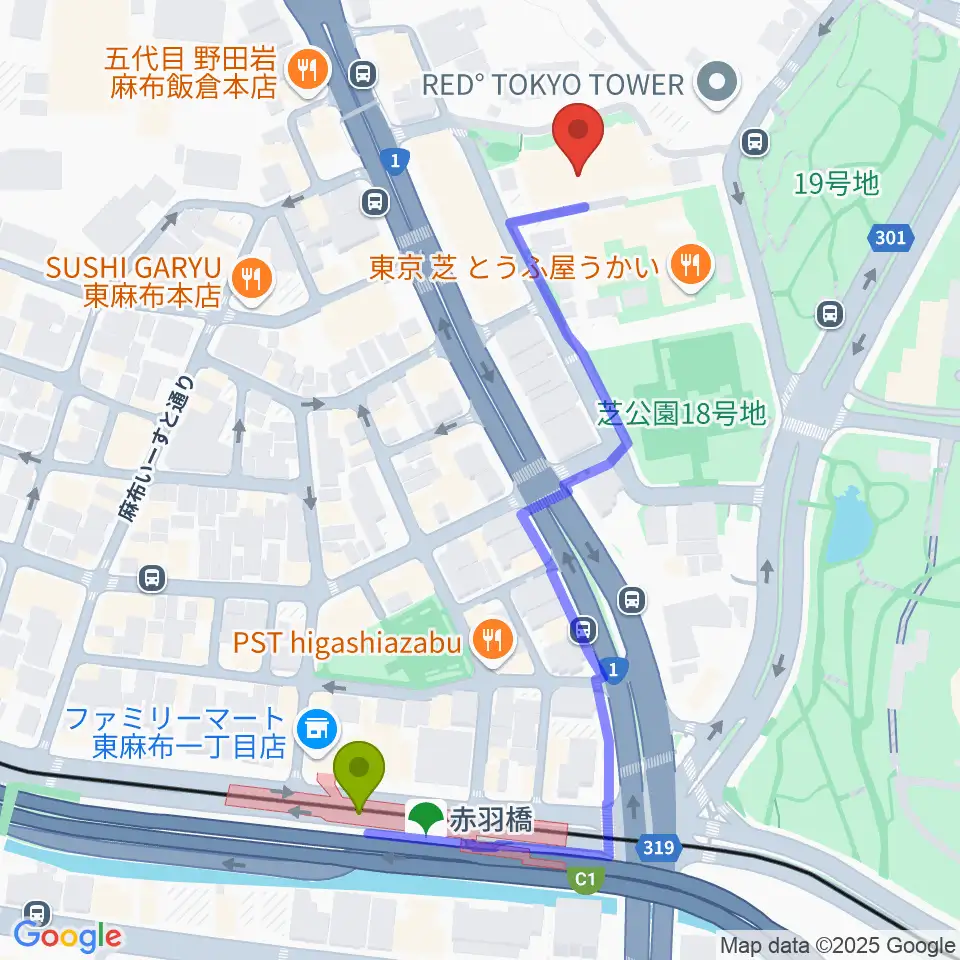 スターライズタワーの最寄駅赤羽橋駅からの徒歩ルート（約5分）地図