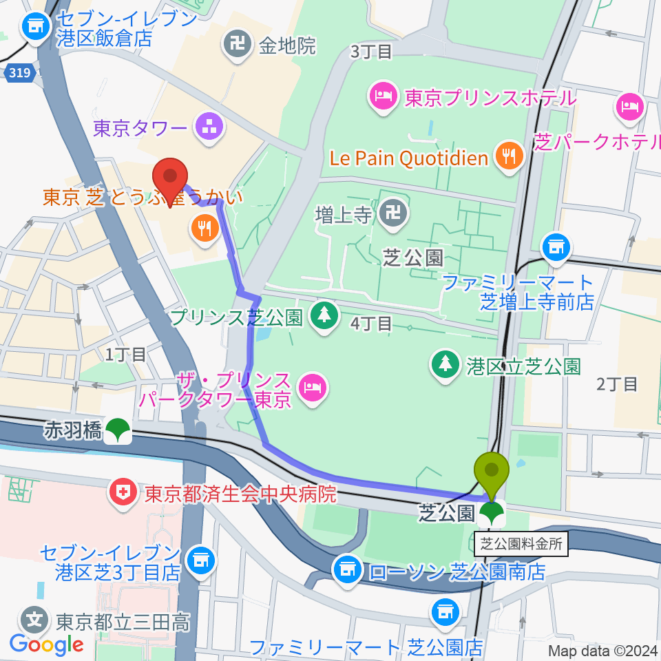 芝公園駅からスターライズタワーへのルートマップ地図