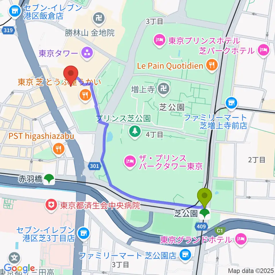 芝公園駅からスターライズタワーへのルートマップ地図