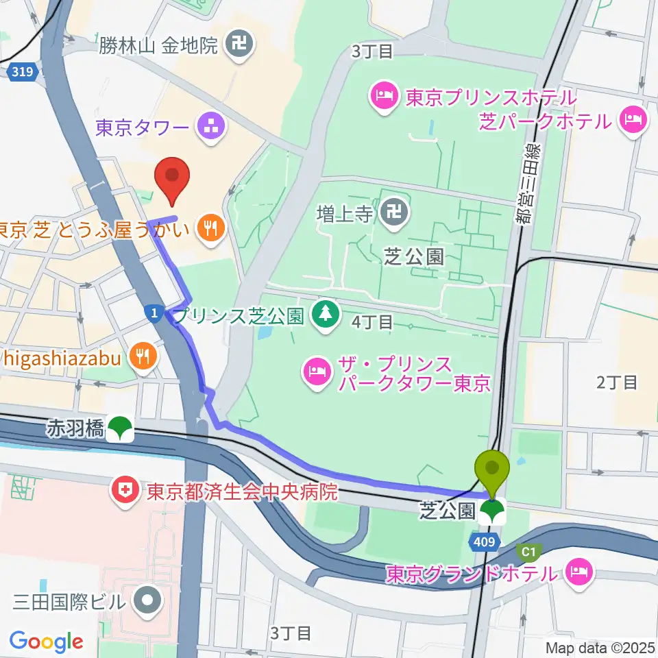 芝公園駅からスターライズタワーへのルートマップ地図
