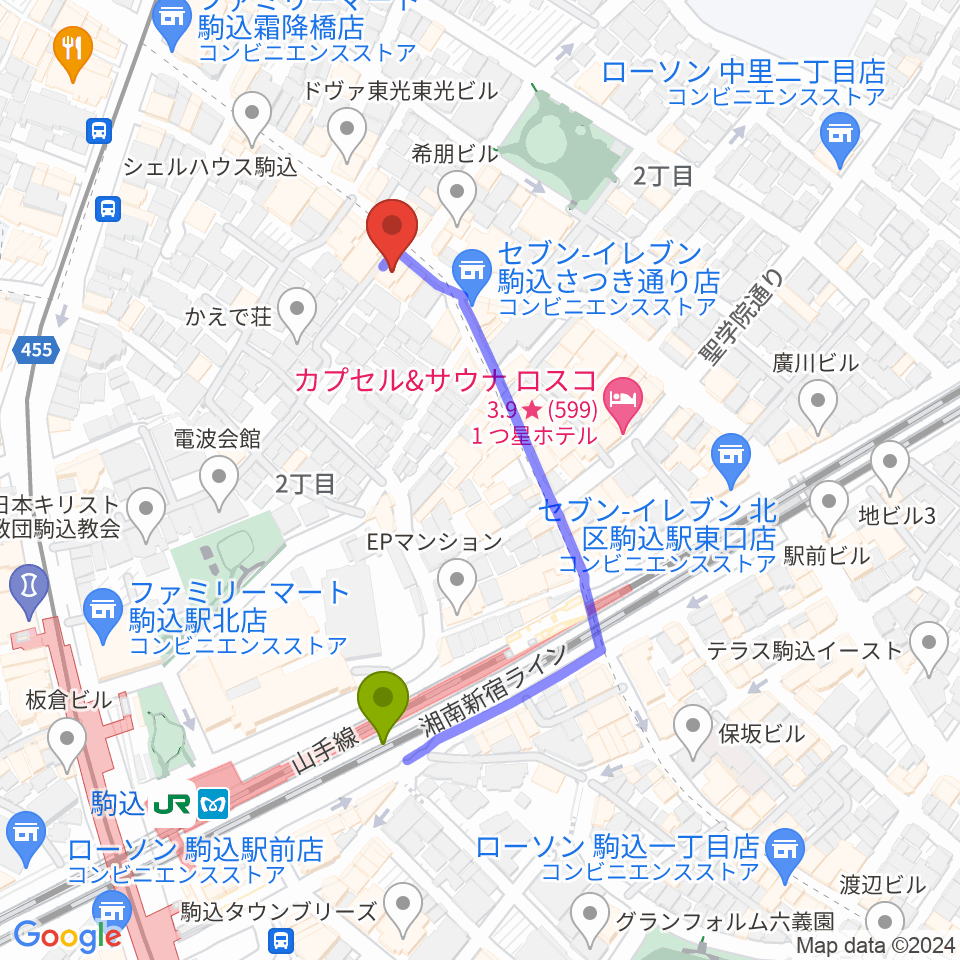 レンタルスペース・コンテハウスの最寄駅駒込駅からの徒歩ルート（約4分）地図
