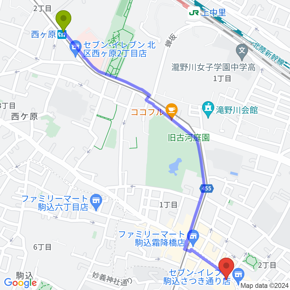 西ケ原駅からレンタルスペース・コンテハウスへのルートマップ地図