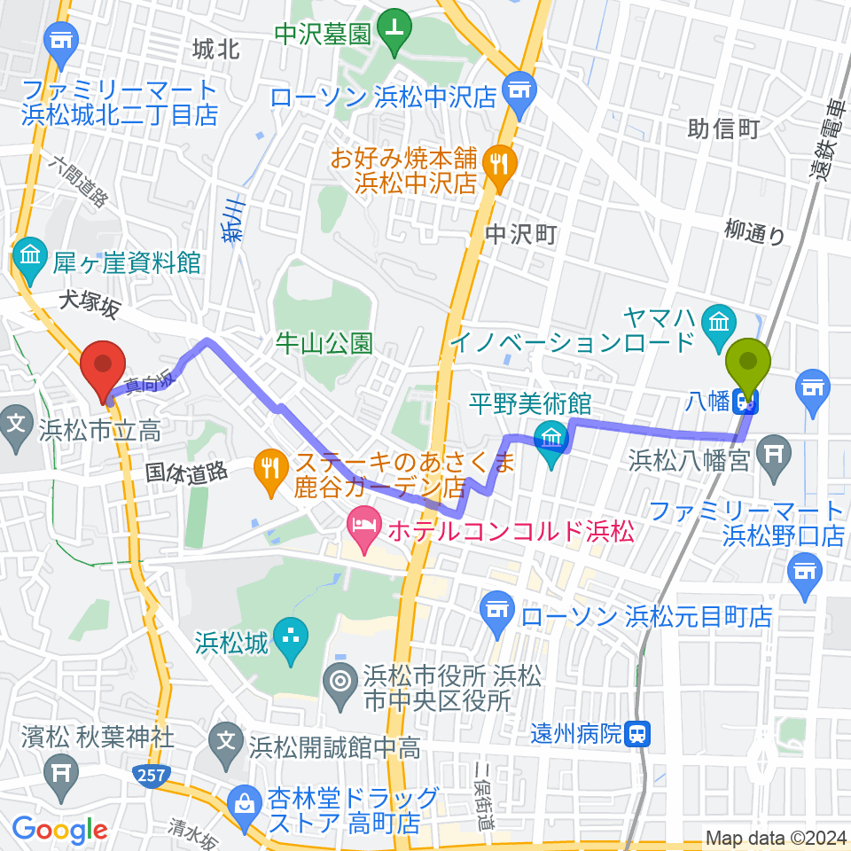 八幡駅からStudioBASICへのルートマップ地図