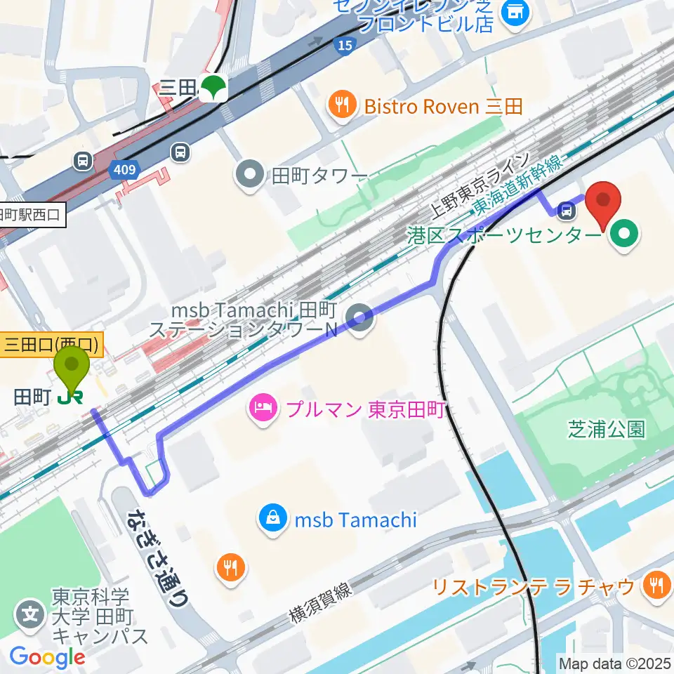 田町駅から港区立男女平等参画センター リーブラへのルートマップ地図