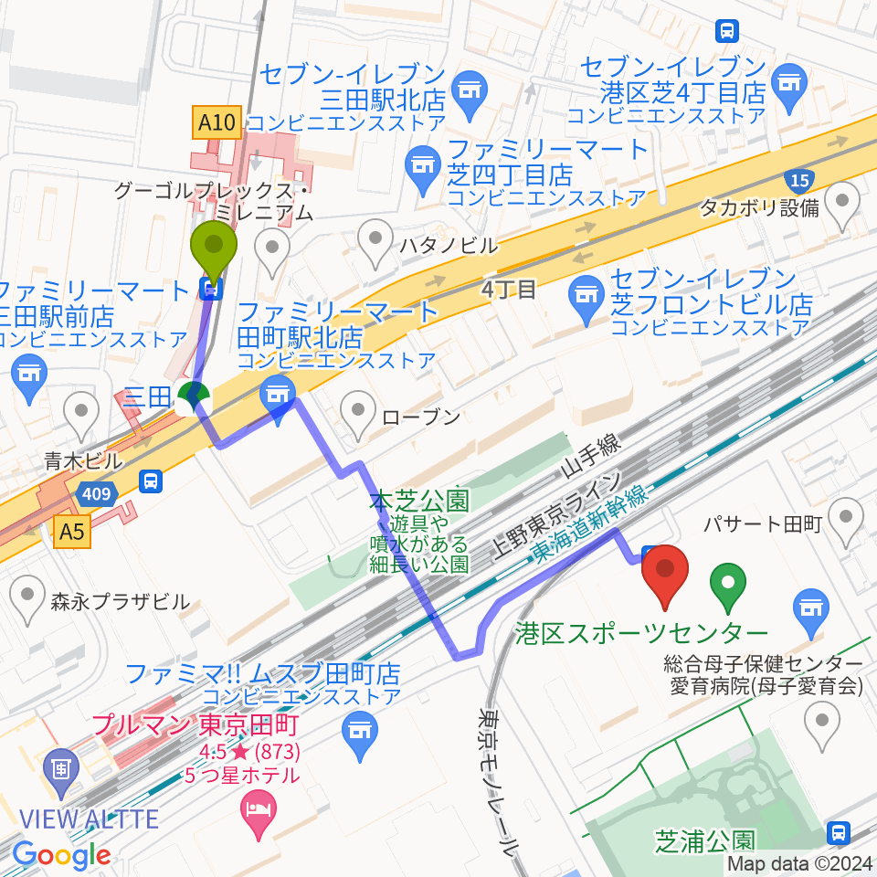 港区立男女平等参画センター リーブラの最寄駅三田駅からの徒歩ルート（約5分）地図