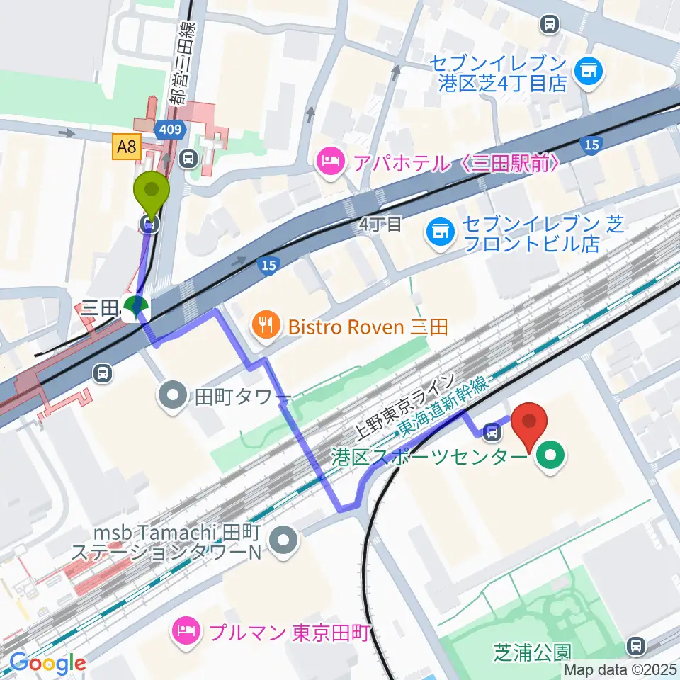 港区立男女平等参画センター リーブラの最寄駅三田駅からの徒歩ルート（約5分）地図