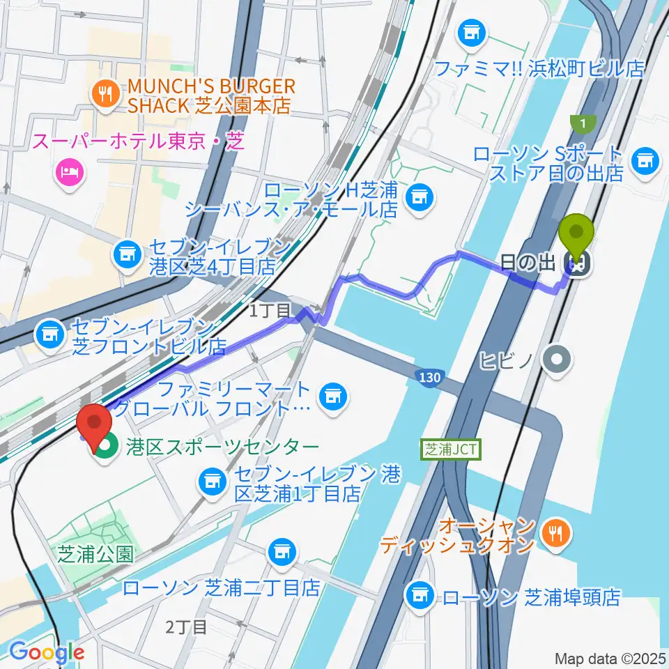 日の出駅から港区立男女平等参画センター リーブラへのルートマップ地図