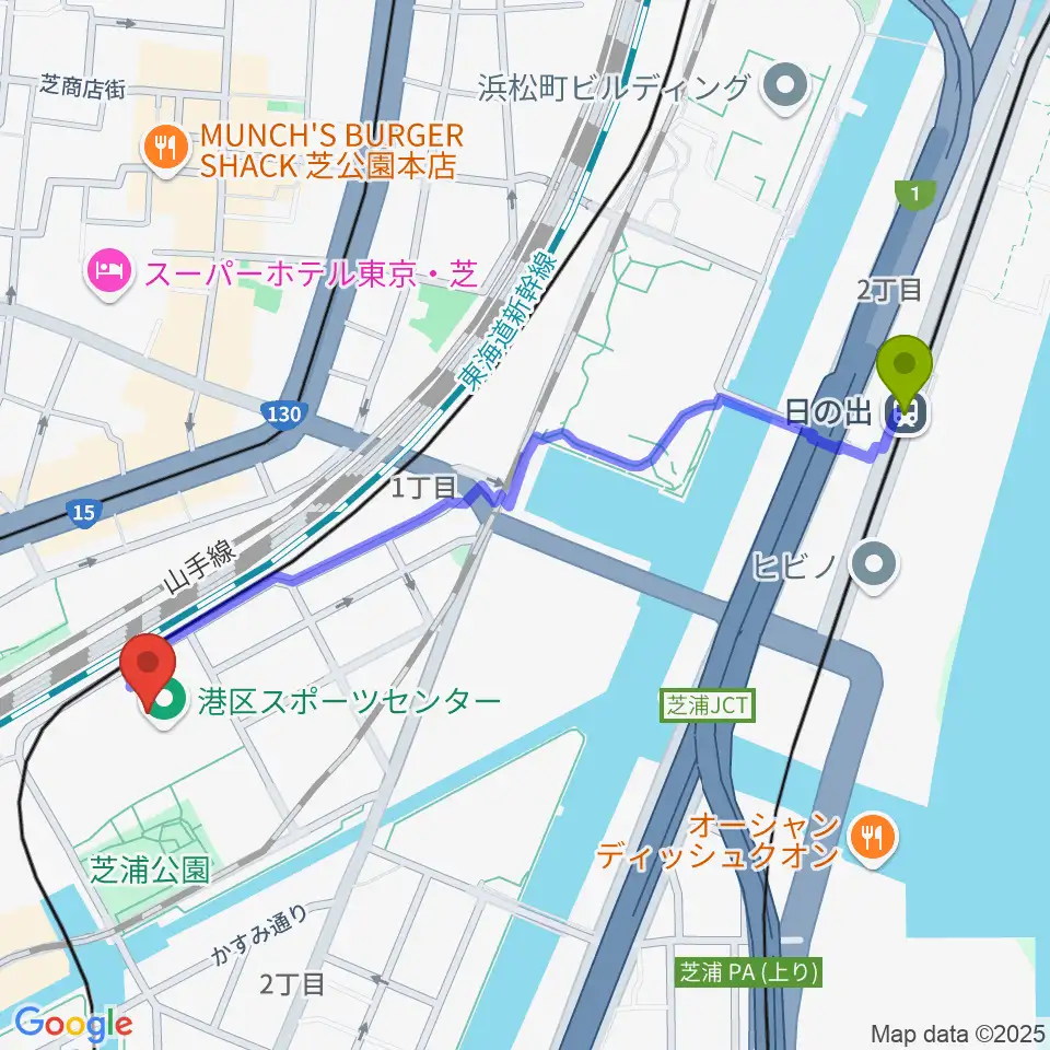 日の出駅から港区立男女平等参画センター リーブラへのルートマップ地図
