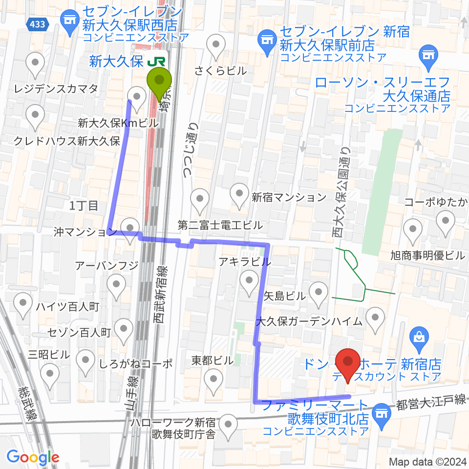 新大久保駅から新宿SHOWBOXへのルートマップ地図