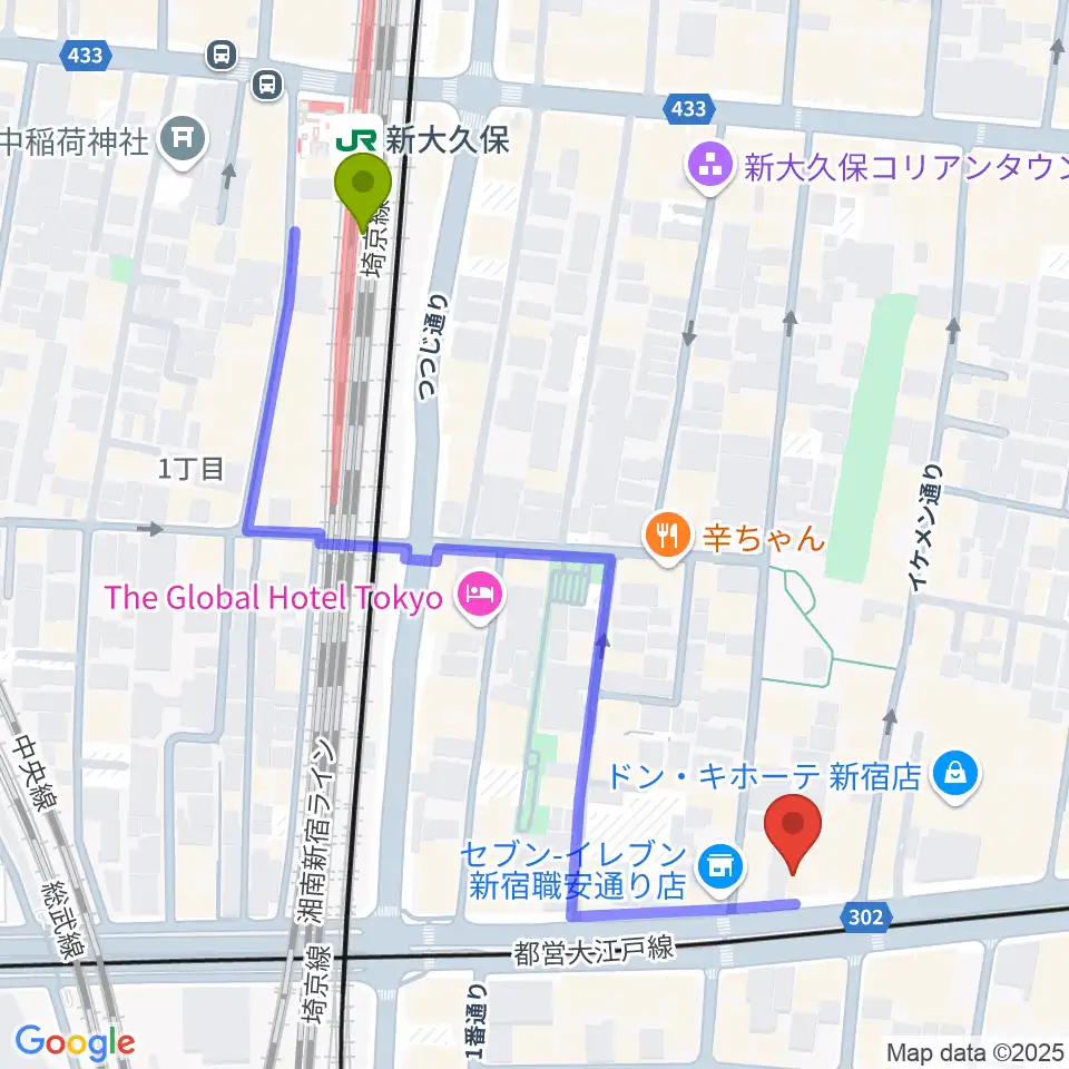 新大久保駅から新宿SHOWBOXへのルートマップ地図