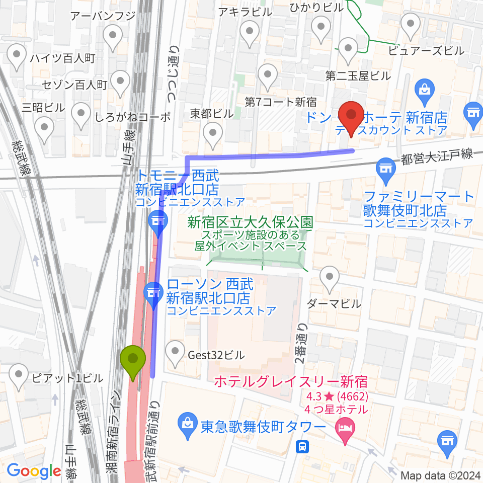 新宿SHOWBOXの最寄駅西武新宿駅からの徒歩ルート（約5分）地図