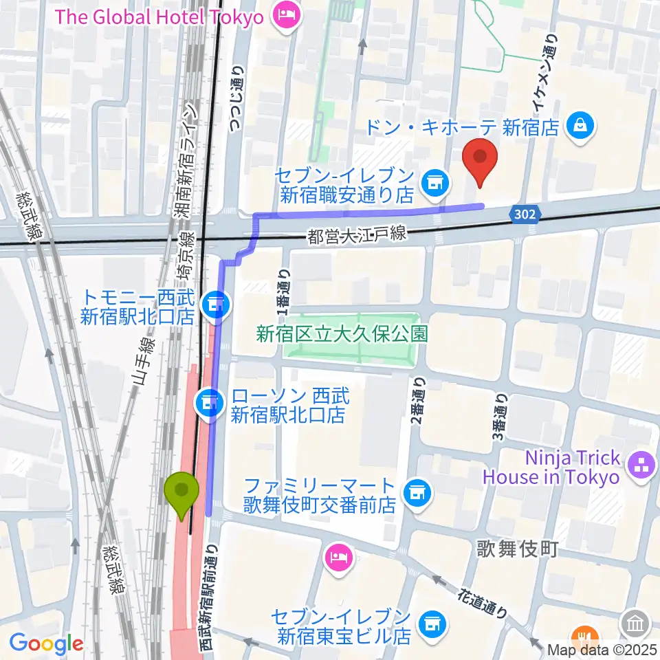 新宿SHOWBOXの最寄駅西武新宿駅からの徒歩ルート（約5分）地図