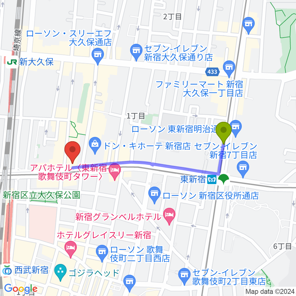 東新宿駅から新宿SHOWBOXへのルートマップ地図