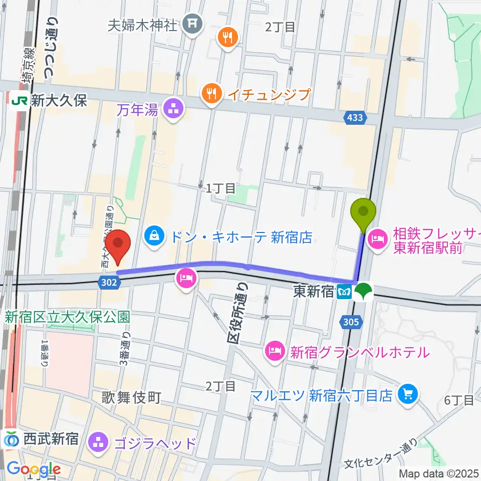 東新宿駅から新宿SHOWBOXへのルートマップ地図
