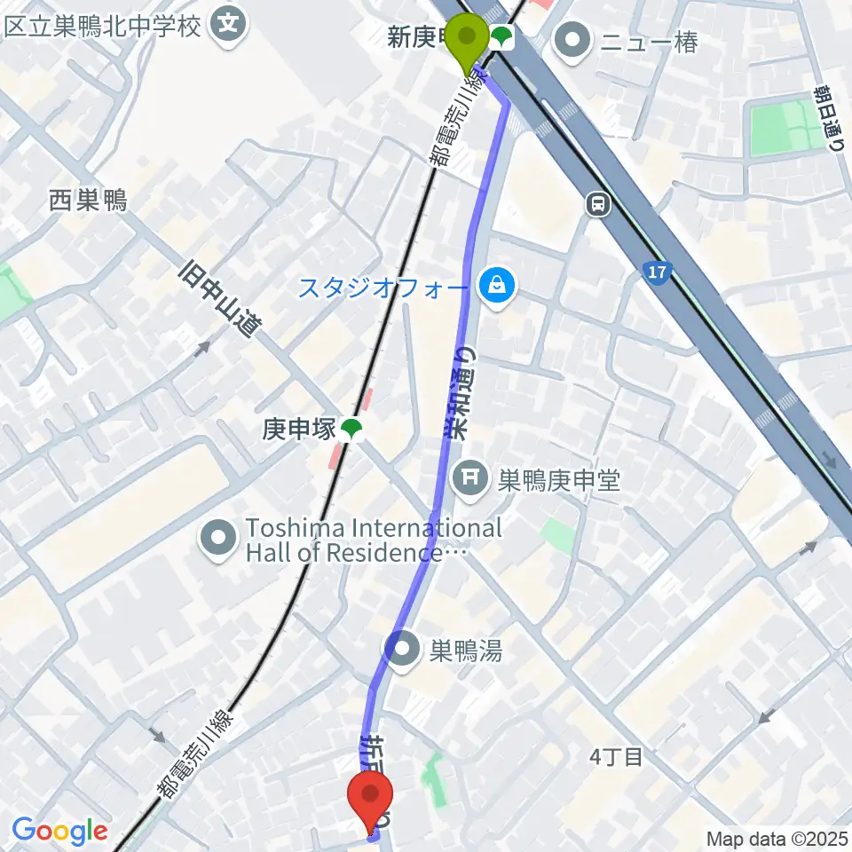 新庚申塚駅から西巣鴨音楽堂へのルートマップ地図