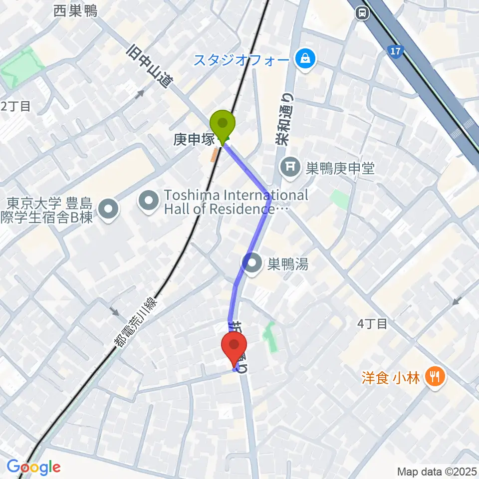 西巣鴨音楽堂の最寄駅庚申塚駅からの徒歩ルート（約4分）地図