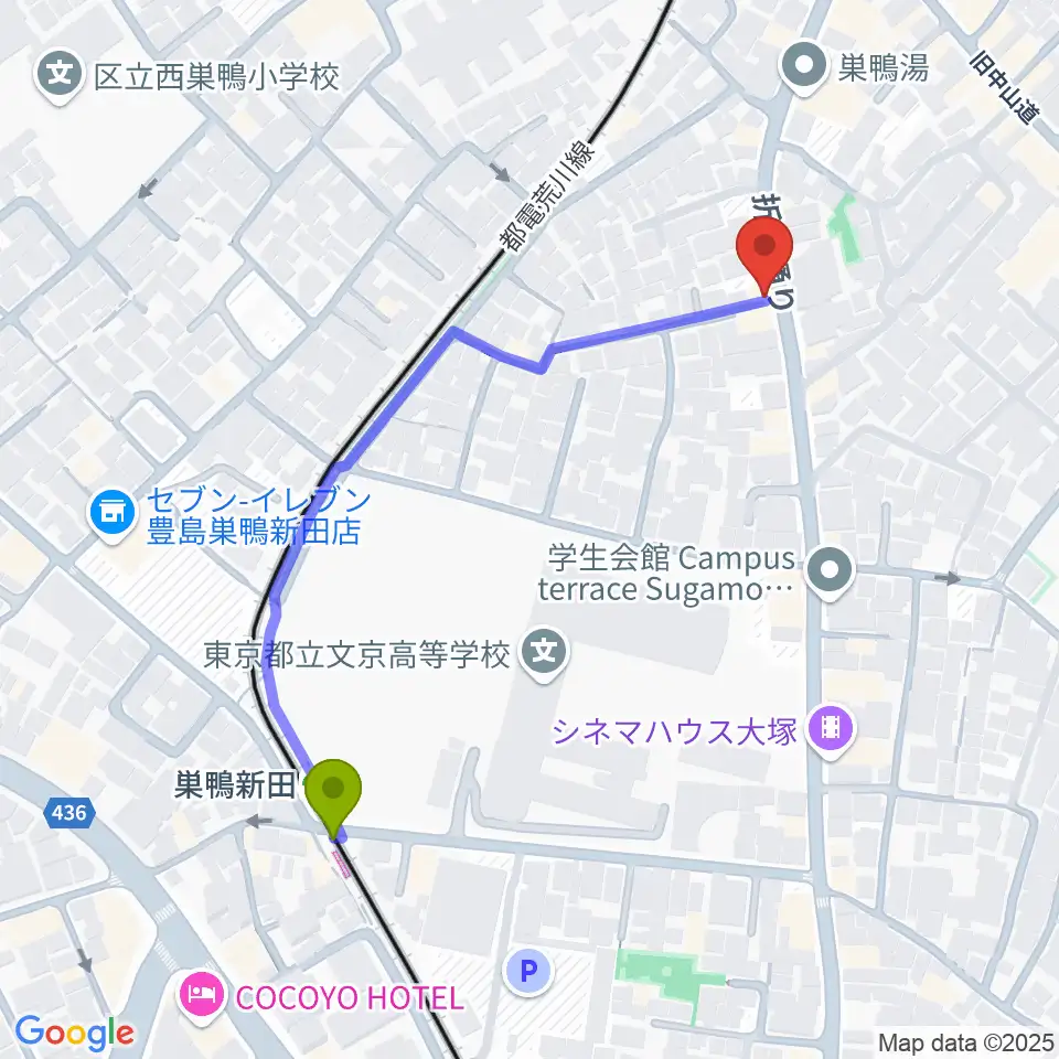 巣鴨新田駅から西巣鴨音楽堂へのルートマップ地図