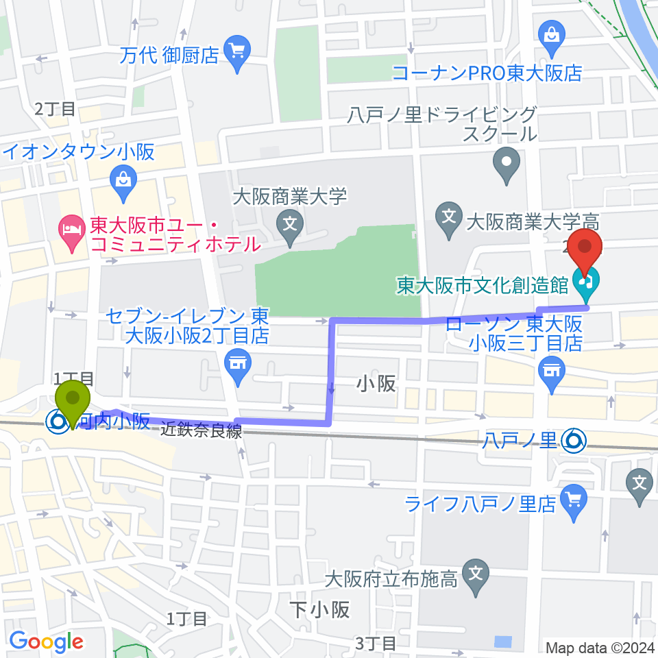 河内小阪駅から東大阪市文化創造館へのルートマップ地図