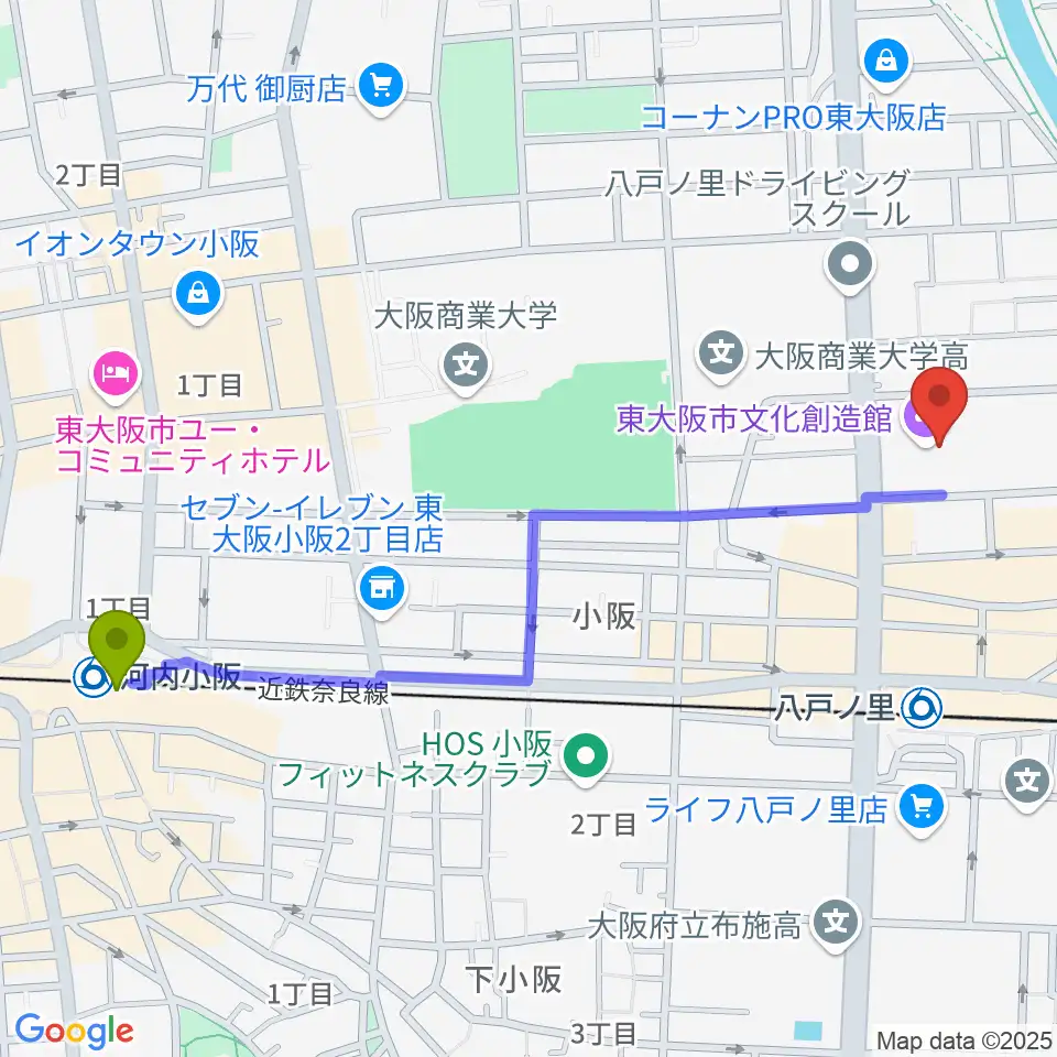 河内小阪駅から東大阪市文化創造館へのルートマップ地図