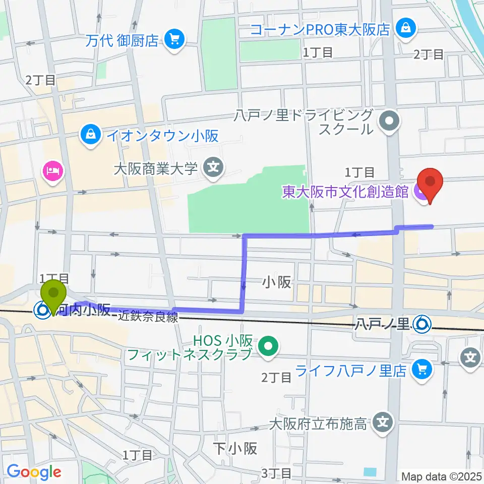 河内小阪駅から東大阪市文化創造館へのルートマップ地図