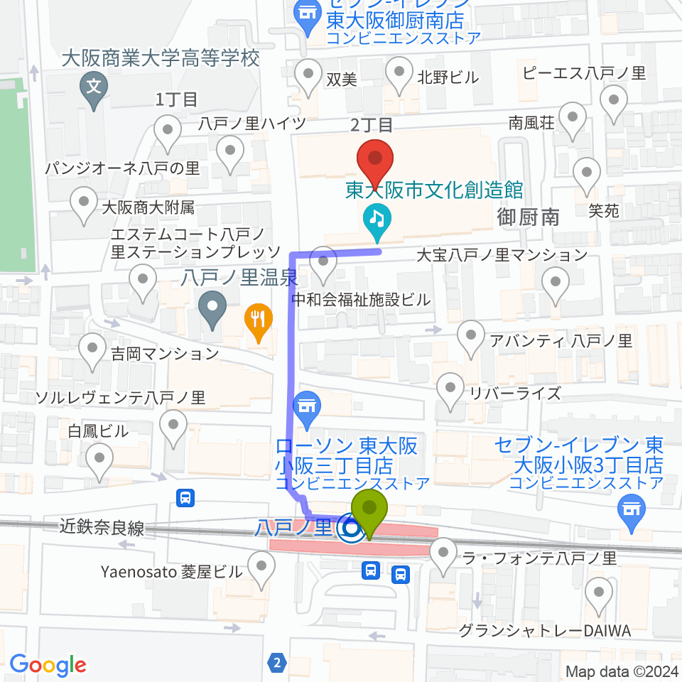 東大阪市文化創造館の最寄駅八戸ノ里駅からの徒歩ルート（約4分）地図