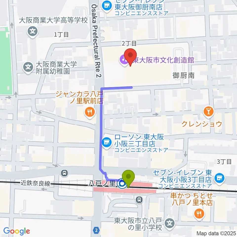 東大阪市文化創造館の最寄駅八戸ノ里駅からの徒歩ルート（約4分）地図