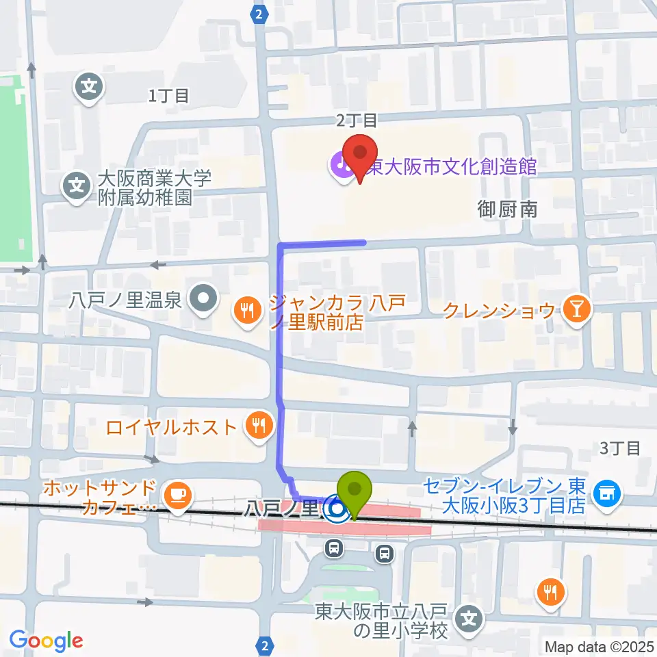 東大阪市文化創造館の最寄駅八戸ノ里駅からの徒歩ルート（約4分）地図