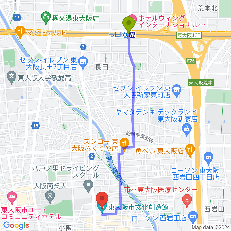 長田駅から東大阪市文化創造館へのルートマップ地図