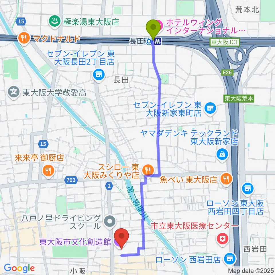 長田駅から東大阪市文化創造館へのルートマップ地図