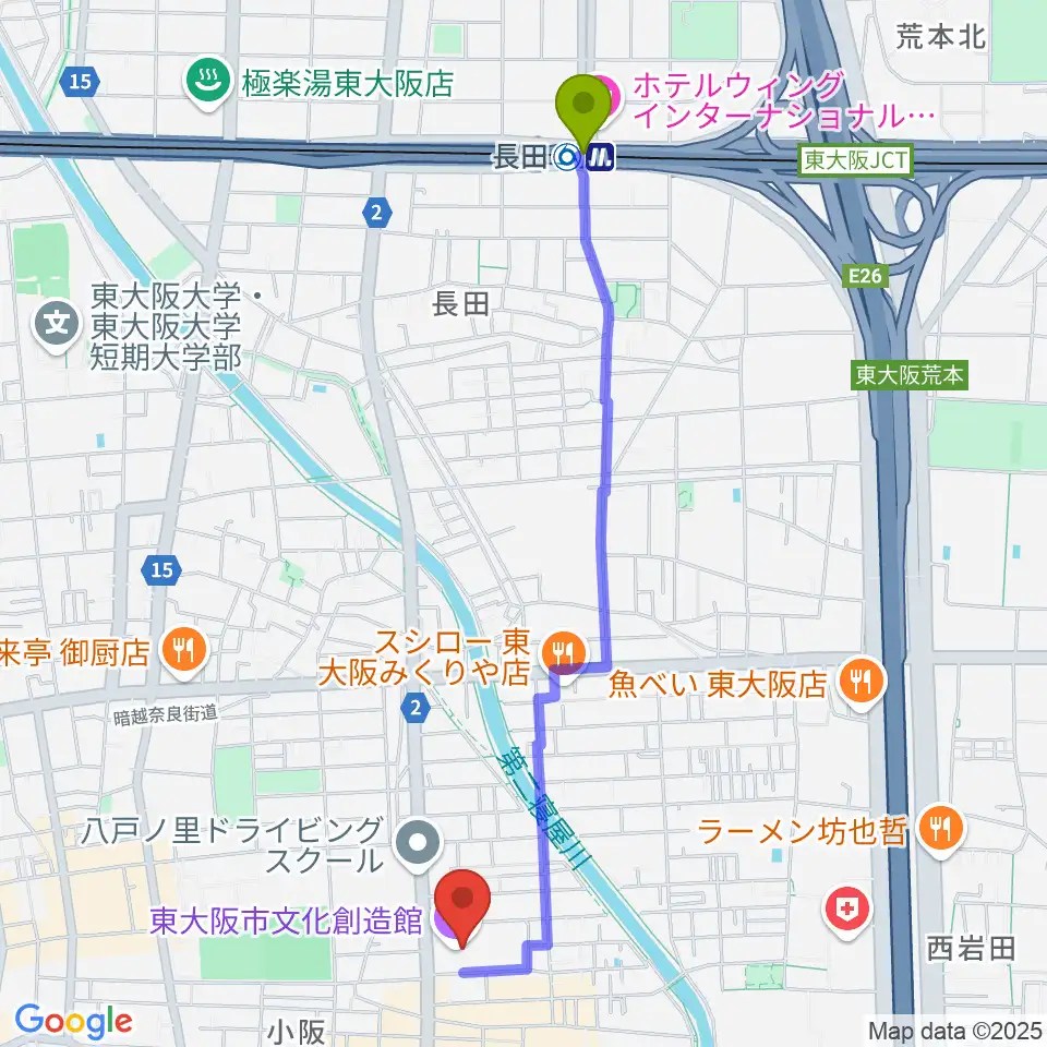 長田駅から東大阪市文化創造館へのルートマップ地図