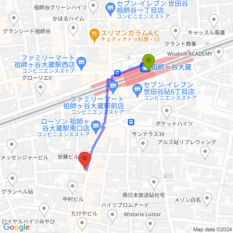 祖師谷大蔵エクレルシの最寄駅祖師ヶ谷大蔵駅からの徒歩ルート（約4分）地図