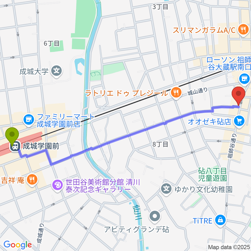 成城学園前駅から祖師谷大蔵エクレルシへのルートマップ地図