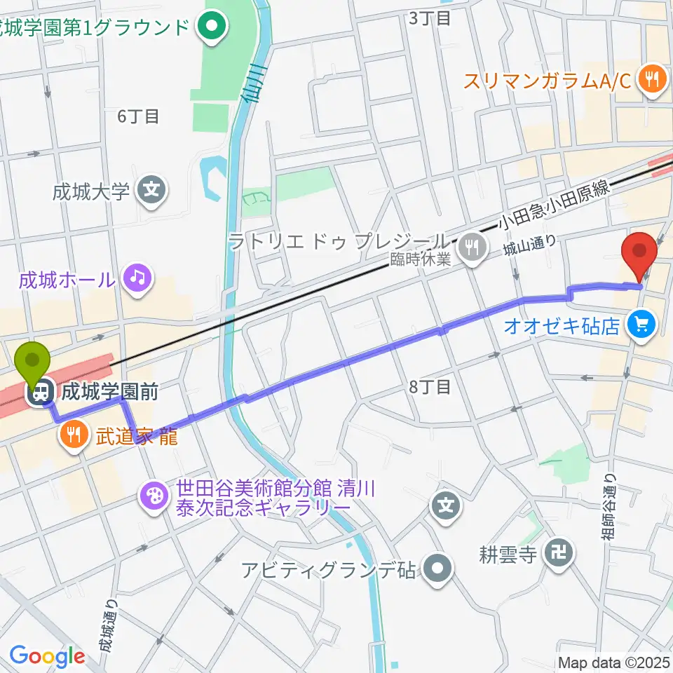 成城学園前駅から祖師谷大蔵エクレルシへのルートマップ地図
