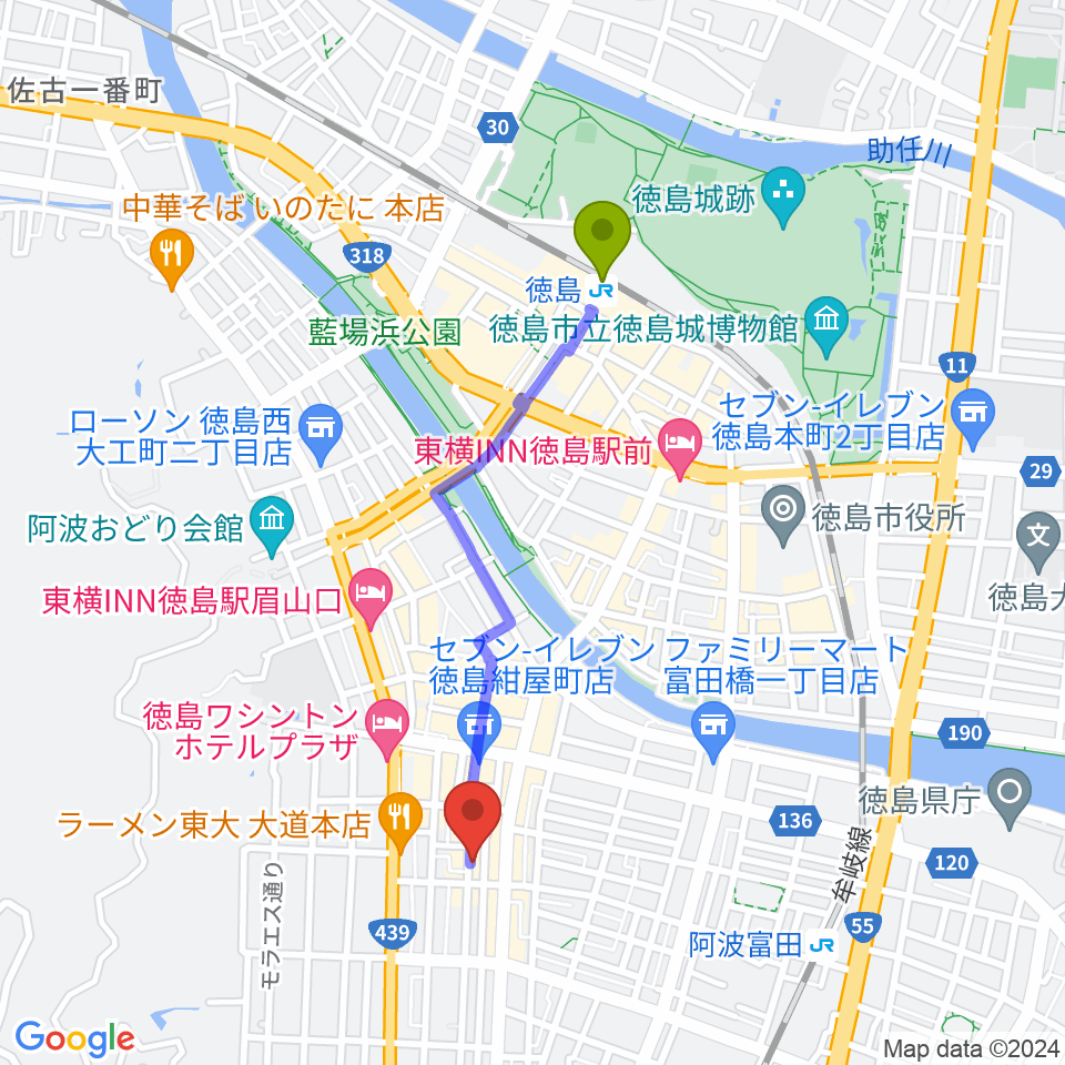 徳島駅から徳島HOT RODへのルートマップ地図