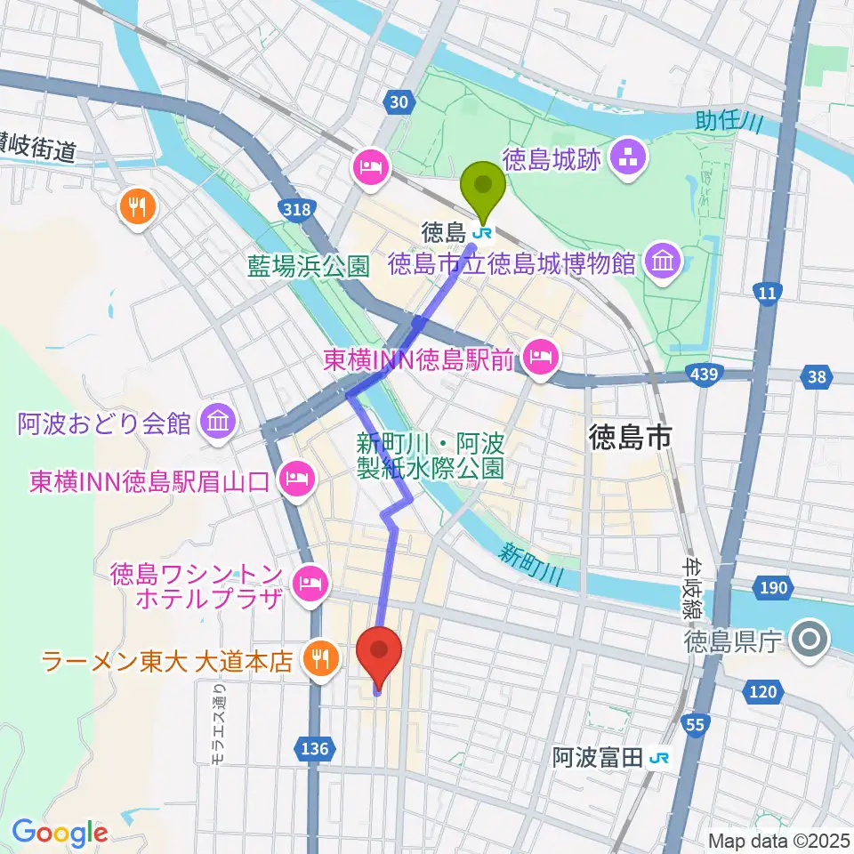 徳島駅から徳島HOT RODへのルートマップ地図