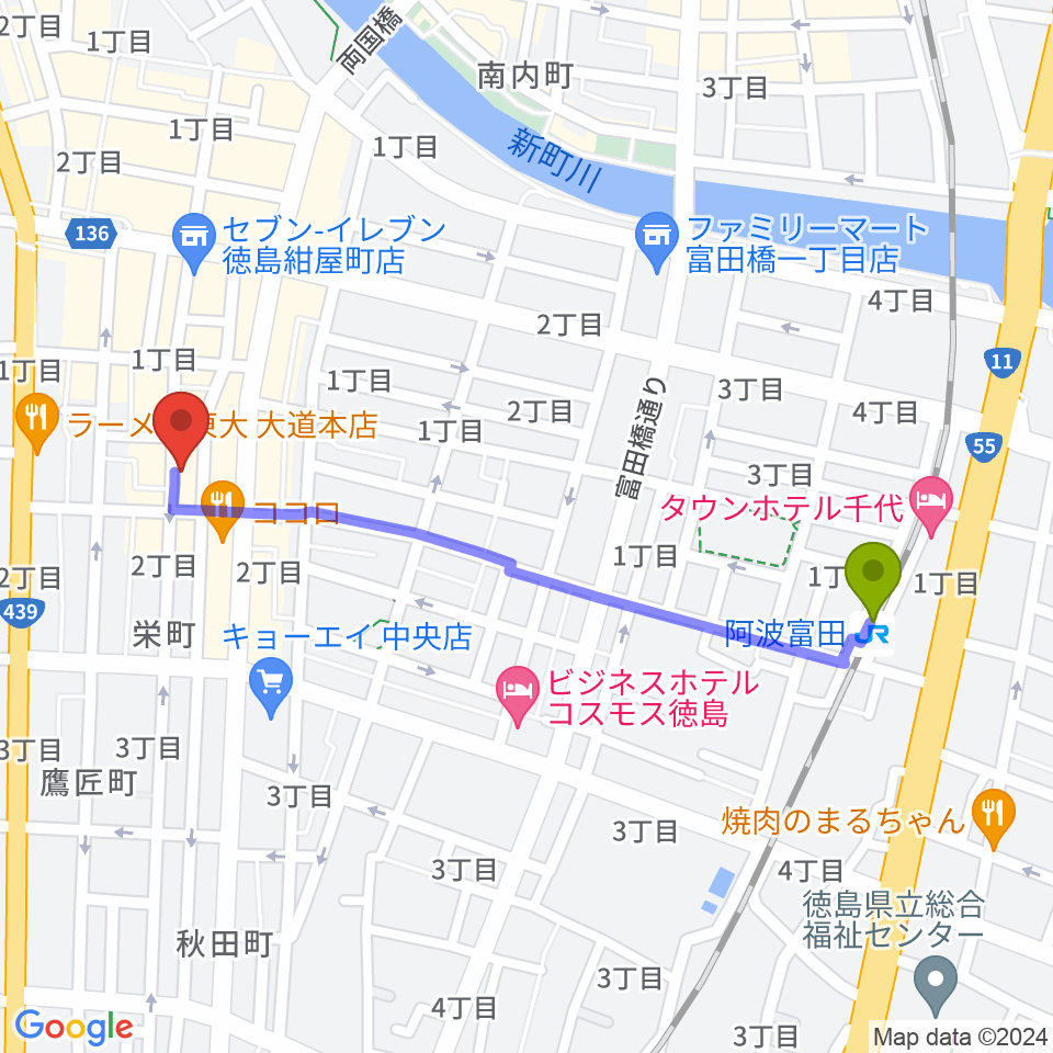 徳島HOT RODの最寄駅阿波富田駅からの徒歩ルート（約11分）地図