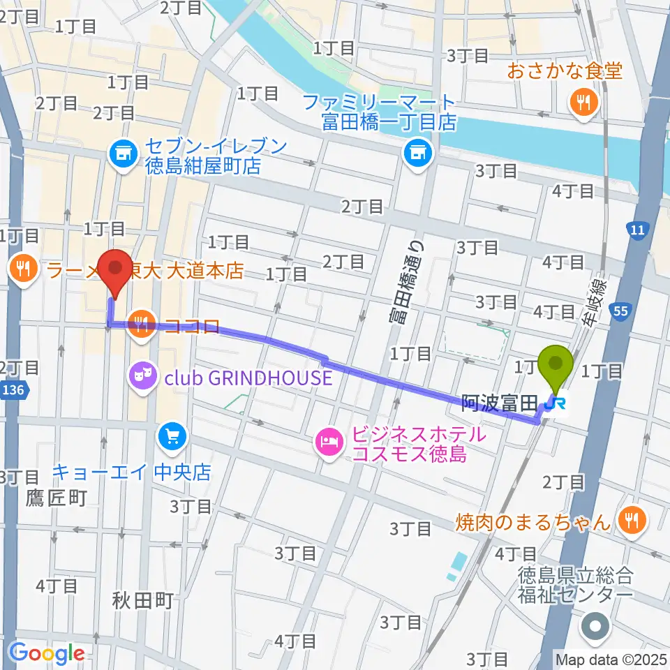 徳島HOT RODの最寄駅阿波富田駅からの徒歩ルート（約11分）地図